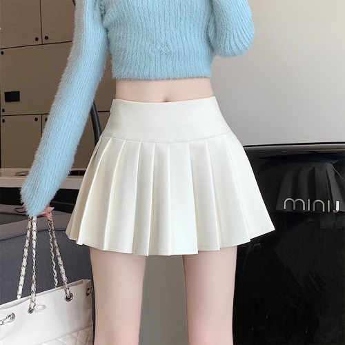 咖色百褶皮裙半身裙女秋季2025新款小個子高腰顯瘦防走光pu皮短裙