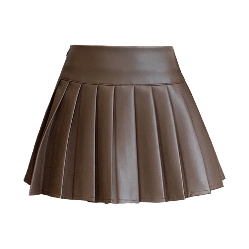 咖色百褶皮裙半身裙女秋季2025新款小個子高腰顯瘦防走光pu皮短裙