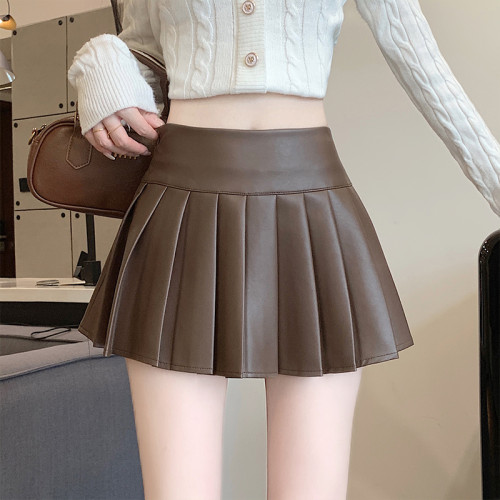 咖色百褶皮裙半身裙女秋季2025新款小個子高腰顯瘦防走光pu皮短裙
