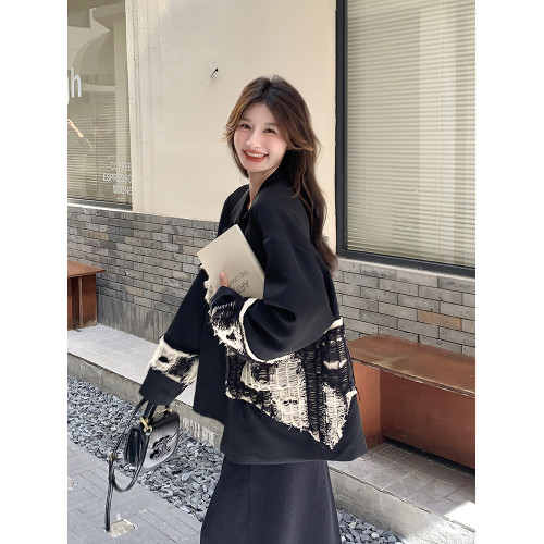 黑色拼接西裝外套女春2025超火今年流行寬松休閒獨特漂亮爆款西服 黑色拼接西裝外套女春2025超火今年流行寬松休閒獨特漂亮爆款西服