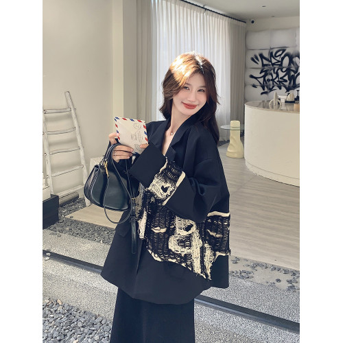 黑色拼接西裝外套女春2025超火今年流行寬松休閒獨特漂亮爆款西服 黑色拼接西裝外套女春2025超火今年流行寬松休閒獨特漂亮爆款西服