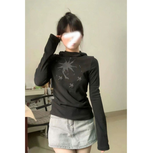 甜酷風半高領打底衫長袖t恤女秋冬新款辣妹加厚外穿連帽保暖上衣