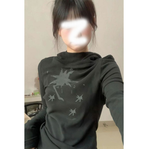 甜酷風半高領打底衫長袖t恤女秋冬新款辣妹加厚外穿連帽保暖上衣