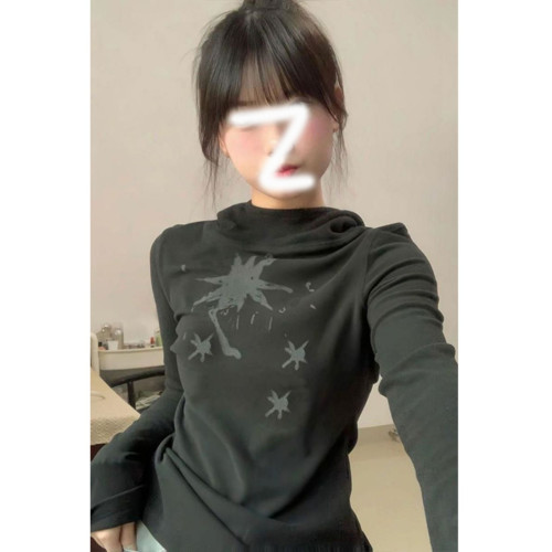 甜酷風半高領打底衫長袖t恤女秋冬新款辣妹加厚外穿連帽保暖上衣