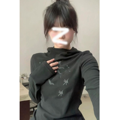 甜酷風半高領打底衫長袖t恤女秋冬新款辣妹加厚外穿連帽保暖上衣