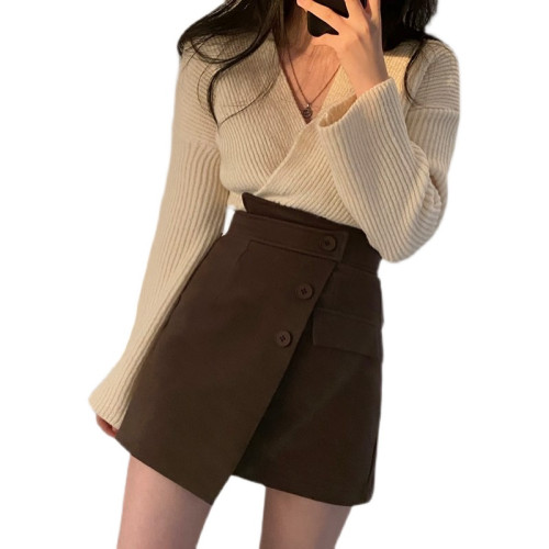 卡其色不規則短裙女秋冬復古高腰顯瘦褲裙大碼胖mm毛呢半身裙 卡其色不規則短裙女秋冬復古高腰顯瘦褲裙大碼胖mm毛呢半身裙