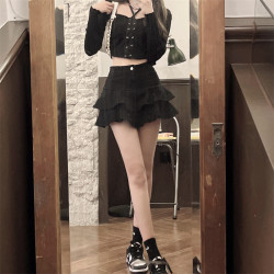 白色牛仔半身裙女夏季大碼高腰顯瘦荷葉邊蛋糕裙防走光a字短裙褲