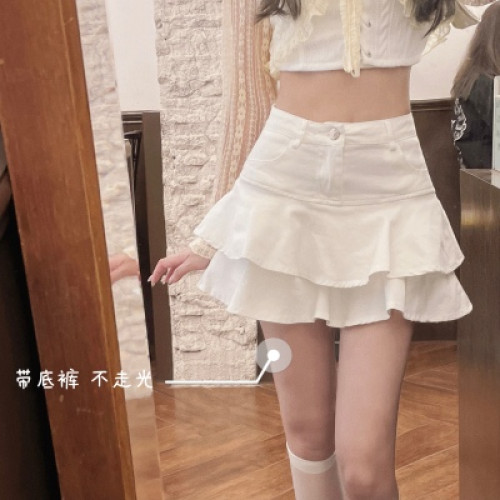 白色牛仔半身裙女夏季大碼高腰顯瘦荷葉邊蛋糕裙防走光a字短裙褲