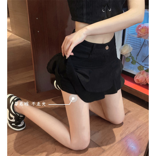 白色牛仔半身裙女夏季大碼高腰顯瘦荷葉邊蛋糕裙防走光a字短裙褲