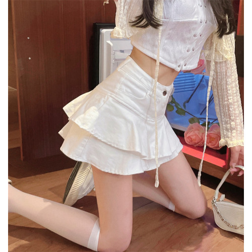 白色牛仔半身裙女夏季大碼高腰顯瘦荷葉邊蛋糕裙防走光a字短裙褲