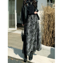 拉夏貝爾黑色復古絲絨紥染半身裙女秋冬季新款松緊高腰A字大擺裙