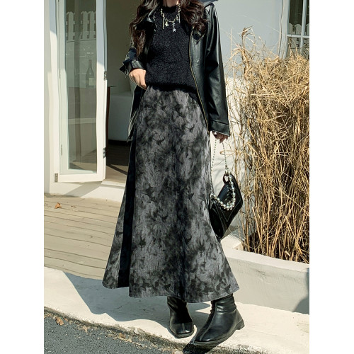 拉夏貝爾黑色復古絲絨紥染半身裙女秋冬季新款松緊高腰A字大擺裙 拉夏貝爾黑色復古絲絨紥染半身裙女秋冬季新款松緊高腰A字大擺裙