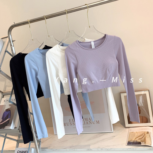 單穿內搭都好看 螺紋質感短款修身一體胸墊瑜珈服長袖T恤健身服