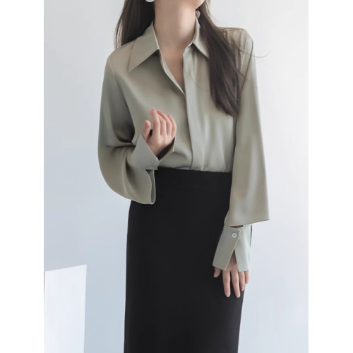 春秋法式醋酸緞面襯衫女裝高級感設計感小衆氣質職業襯衣別致上衣