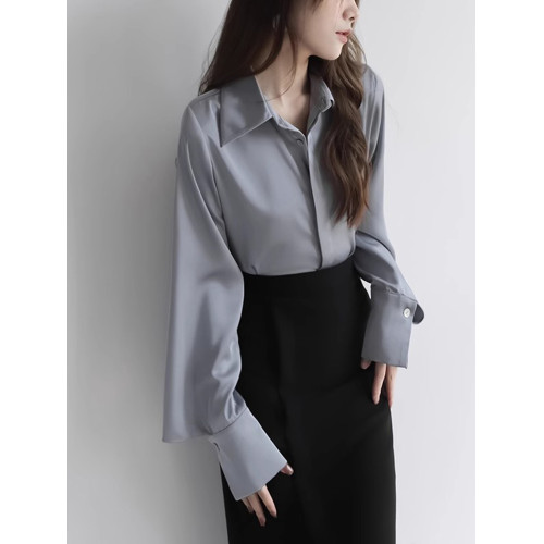 春秋法式醋酸緞面襯衫女裝高級感設計感小衆氣質職業襯衣別致上衣