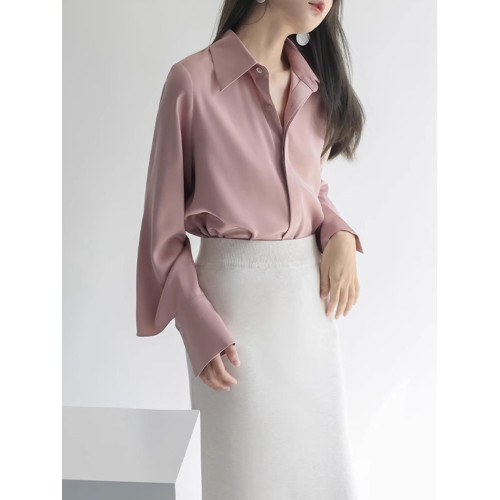春秋法式醋酸緞面襯衫女裝高級感設計感小衆氣質職業襯衣別致上衣