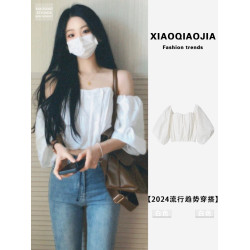 2025夏季新款小衫法式獨特絕美一字肩上衣高級感白色露肩襯衫女夏