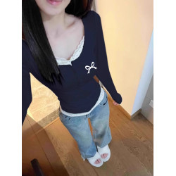 藏青色顯白長袖打底衫流行甜辣妹修身碎花假兩件t恤上衣女生秋冬