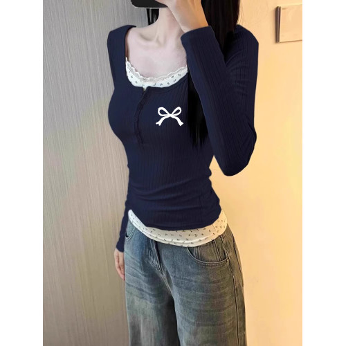 藏青色顯白長袖打底衫流行甜辣妹修身碎花假兩件t恤上衣女生秋冬