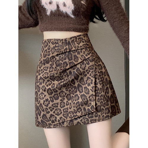 美式辣妹豹紋印花褶皺半身裙女秋冬新款交叉高腰顯瘦a字包臀短裙 美式辣妹豹紋印花褶皺半身裙女秋冬新款交叉高腰顯瘦a字包臀短裙