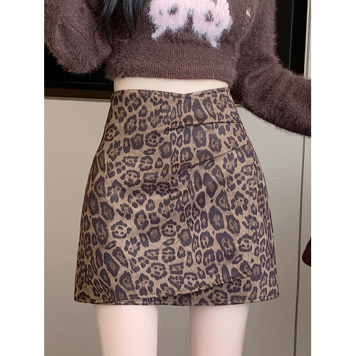 美式辣妹豹紋印花褶皺半身裙女秋冬新款交叉高腰顯瘦a字包臀短裙 美式辣妹豹紋印花褶皺半身裙女秋冬新款交叉高腰顯瘦a字包臀短裙