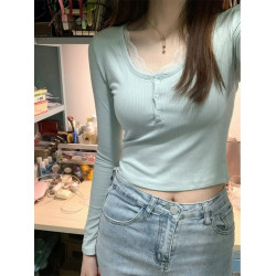 奶藍色U領蕾絲拼接打底衫女短上衣少女感甜辣正肩長袖2025春秋T恤