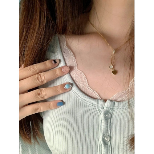 奶藍色U領蕾絲拼接打底衫女短上衣少女感甜辣正肩長袖2025春秋T恤