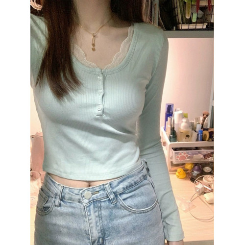 奶藍色U領蕾絲拼接打底衫女短上衣少女感甜辣正肩長袖2025春秋T恤