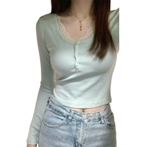 奶藍色U領蕾絲拼接打底衫女短上衣少女感甜辣正肩長袖2025春秋T恤