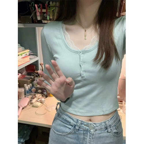 奶藍色U領蕾絲拼接打底衫女短上衣少女感甜辣正肩長袖2025春秋T恤