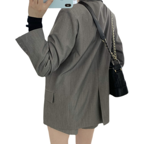 韓版2025春季西服套裝女士休閒寬松灰色小西裝外套短褲兩件套春秋 韓版2025春季西服套裝女士休閒寬松灰色小西裝外套短褲兩件套春秋