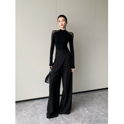 微透網紗拼接黑色上衣女夏季禦姐高級新款小衫緊身別致長袖t恤潮