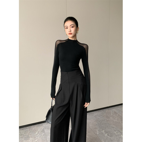 微透網紗拼接黑色上衣女夏季禦姐高級新款小衫緊身別致長袖t恤潮