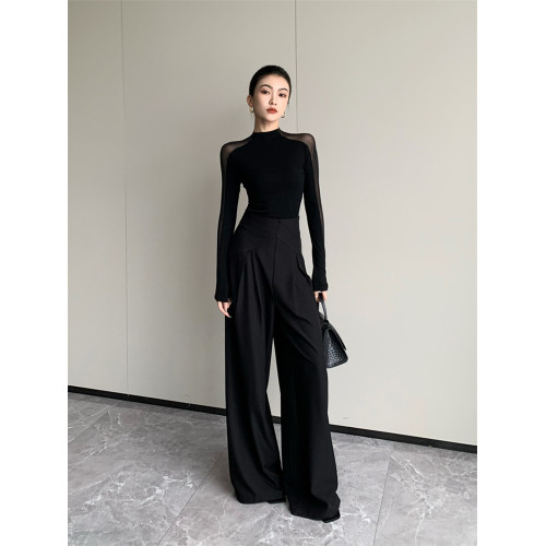 微透網紗拼接黑色上衣女夏季禦姐高級新款小衫緊身別致長袖t恤潮