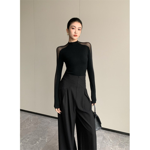 微透網紗拼接黑色上衣女夏季禦姐高級新款小衫緊身別致長袖t恤潮