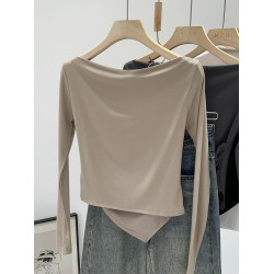 一字肩不規則設計高級感小衆長袖打底衫女春秋季2025新款內搭上衣