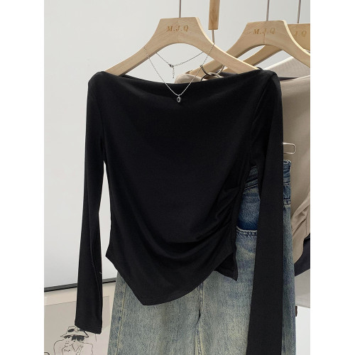 一字肩不規則設計高級感小衆長袖打底衫女春秋季2025新款內搭上衣