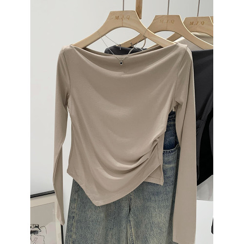 一字肩不規則設計高級感小衆長袖打底衫女春秋季2025新款內搭上衣