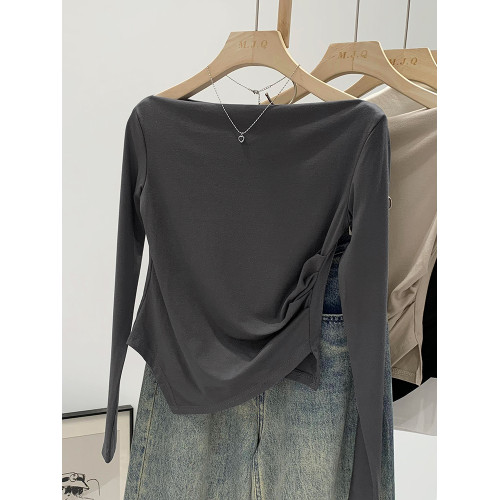 一字肩不規則設計高級感小衆長袖打底衫女春秋季2025新款內搭上衣