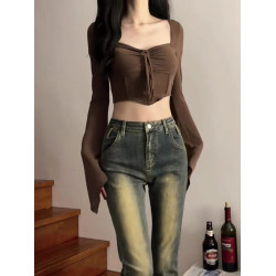 美式性感長袖T恤打底衫女裝早秋季新款設計感純欲辣妹短款小上衣