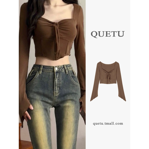 美式性感長袖T恤打底衫女裝早秋季新款設計感純欲辣妹短款小上衣