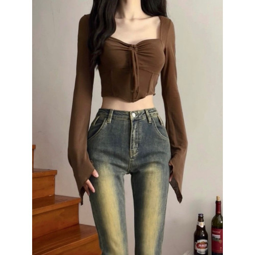 美式性感長袖T恤打底衫女裝早秋季新款設計感純欲辣妹短款小上衣