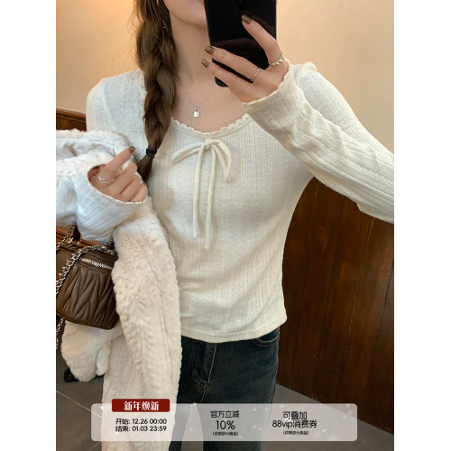 烏77少女bm杏色蝴蝶結肌理提花針織衫女圓領顯瘦內搭百搭長袖t恤