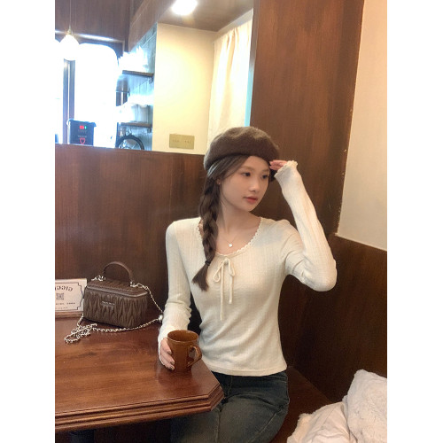 烏77少女bm杏色蝴蝶結肌理提花針織衫女圓領顯瘦內搭百搭長袖t恤