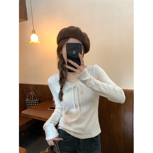 烏77少女bm杏色蝴蝶結肌理提花針織衫女圓領顯瘦內搭百搭長袖t恤