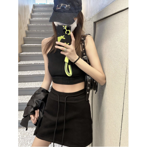 THEMOON高個子黑色加長高腰辣妹休閒短裙夏純欲a字抽繩半身包臀裙