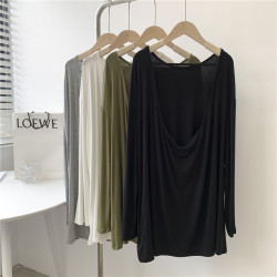 莫代爾前開叉露背長袖T恤女寬松大碼純色圓領舞蹈服現代舞上衣女