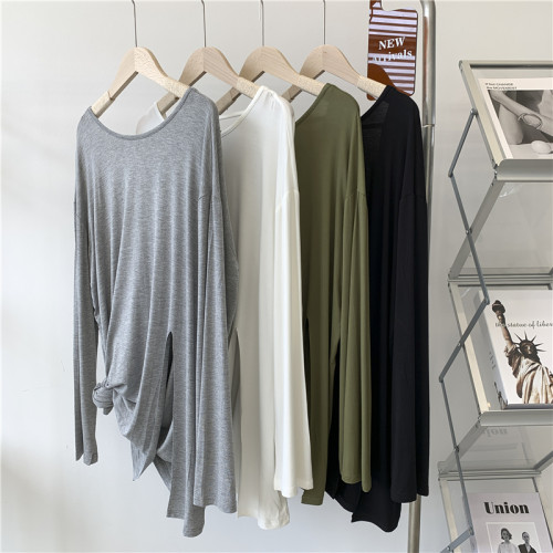 莫代爾前開叉露背長袖T恤女寬松大碼純色圓領舞蹈服現代舞上衣女