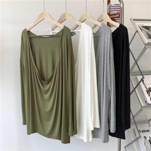 莫代爾前開叉露背長袖T恤女寬松大碼純色圓領舞蹈服現代舞上衣女