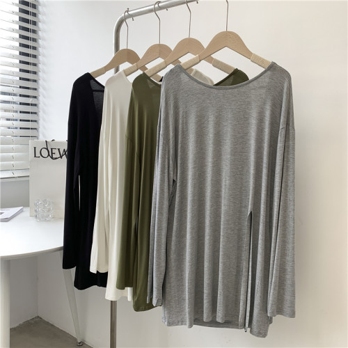 莫代爾前開叉露背長袖T恤女寬松大碼純色圓領舞蹈服現代舞上衣女